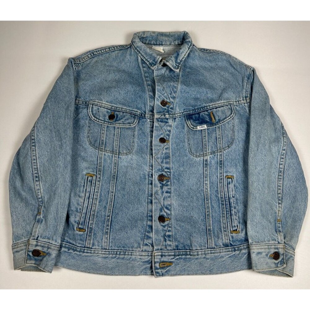 Vintage Lee Men XL Made in USA Light Wash Denim Trucker Jacket 80's